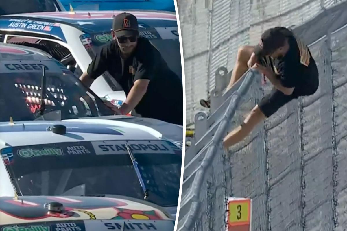 Crazed NASCAR fan climbs onto California track to fist-bump driver: ‘He’s wasted’